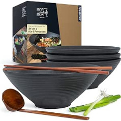 Moritz & Moritz 4 x Ramen keramikas bļodas, 800 līdz 1300 ml, diametrs 24 cm, melns Ramen bļodas komplekts 4 personām, zupai, Pho un suši bļodiņai, komplektā ir nūjas un karote