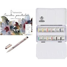 Schmincke Watercolour Paint, Academy Watercolour Painting Box, Metal Box, 12 x 1/2 Cups + Hahnemühle Watercolour Postcard Pad 10.5 x 14.8 cm with Pigma Micron Sakura (Gift Set)