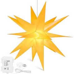 Qijieda 3D Christmas star, illuminated, battery-operated with timer, 45 cm LED Christmas tree topper star, advent star for decorating Christmas tree, courtyard, balcony and garden (yellow)