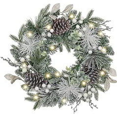 Valery Madelyn 18 Inches/46 cm Christmas Wreath for Front Door Wreath with Pine Cones and Berries, with 20 LED Lights and Timer Function for Christmas Decoration, Frozen Winter Silver White