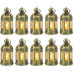 Romadedi Lantern zelta kāzu galda noformējums — 10 mini piekarināmu laternu komplekts ar LED svecēm ballīšu dekorēšanai, Ziemassvētki, Ramadāns, Dārzs, Balkons, Āra, Austrumu