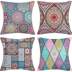 DakTou Mandala āra spilvenu pārvalks 50 x 50 cm Dīvāna spilvena dekoratīvais spilvenu pārvalks Pavasara Boho Hippie kokvilnas lina dekoratīvie spilvenu pārvalki dīvānam guļamistabai viesistabai Mājas dārza terases komplekts no 4