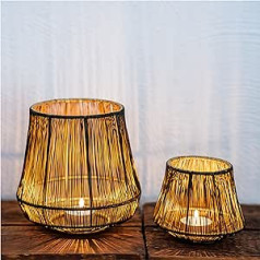 ZEYA Lantern Black Gold Metal Set of 2, 15 + 9 cm High, Boho Lantern, Trendy Tea Light Holder, Wire, Modern Lantern Table Decoration