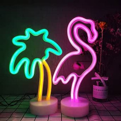 ENUOLI LED flamingo un kokosriekstu palmu koku neona gaismas 2 iepakojumi. Neona izkārtņu galda dekoru gaismas USB/baterijām darbināmas neona gaismas guļamistabai mājas kāzu dzimšanas diena brīvdienu bārs Par