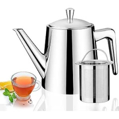 Arbatinukas, kavos puodas, arbatos presas, nerūdijančio plieno arbatinukas su užpilu ir dangteliu, didelis išskirtinis kavos servizas 750 ml (0,75 litro) 3-4 puodeliai vaisiams, žolelėms ir arbatai, sidabras, blizgus veidrodis