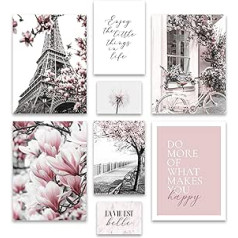 ARTFAVES® plakātu komplekts — Pavasaris Parīzē — Daudzdaļīgs sienas dekors Dzīvojamā istaba un guļamistaba — 8 mūsdienīgi sienas attēli Pavasara melnbalts rozā modes — bez attēla rāmja