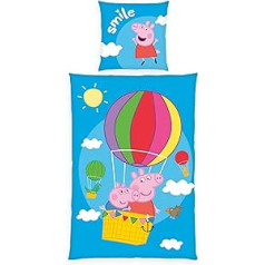 Ganāmpulka Peppa Pig gultas veļa, Spilvendrāna 80 x 80 cm ar rāvējslēdzēju un grozāmu motīvu, Segas pārvalks 135 x 200 cm, ar rāvējslēdzēju, 100% kokvilna/Renforcé