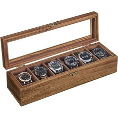 SONGMICS 6 Compartments Solid Wood Watch Box with Glass Lid Watch Cushion Gift for Your Loved Ones Walnut JOW006K01