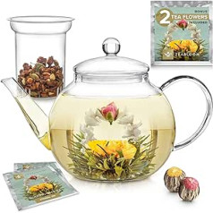 Teabloom stikla tējkanna ar noņemamu tējas sietiņu, stikla karstumizturīgs un mikroviļņu izturīgs — 2 tējas ziedi komplektā — 1,2 litru tējas automāts