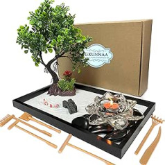 Zen Garden Set, Zen Sand Meditation Ornaments, Zen Stones Garden with Zen Garden Tools, Candle Holder Made of Zen Garden Pebbles, Sand, Tree, Fish, Base Plate and Accessories for Relaxation Meditation