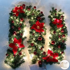 Queta 2.7 m Christmas Garland Christmas Decoration with Gloden Flowers Christmas Decoration LED Lamps Beautiful Holiday Decoration for Stairs, Wall, Doors, In-Out Door