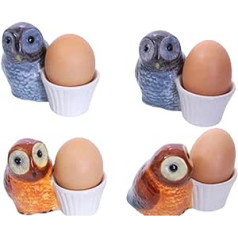 B2SEE Egg Cup Ceramic Crockery Set Animal Motifs 4 Pieces Good Quality Owls 2 Grey Brown 2 Brown Beige