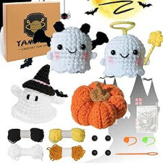 YAMAXIN 4 gabalu Helovīna tamborēšanas komplekts iesācējiem, Ķirbju Crochet Ghost Tamborēšanas sākuma komplekti pieaugušajiem un bērniem, Pilns komplekts dāvanai, Helovīna tamborējums, Dzīvnieku adīšanas komplekts