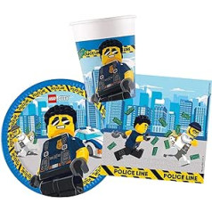 Procos 10136167B — bērnu ballīšu komplekts S Lego City, 52 daļ. komplekts, 16 šķīvji, 16 krūzes un 20 salvetes, vienreizlietojamie trauki, galda dekorēšana, ballīte, policijas līnija