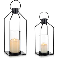 NUPTIO Lanterns Decorative Outdoor Black - 2 Pieces Living Room Lantern Metal Lantern Front Porch Decor Lanterns Decor Indoor Hanging Glass Candle Holder Candle Lantern Large 35.5 cm and 29.5 cm