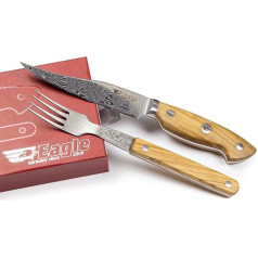 Eagle U-Grip steika nažu komplekts ar steika dakšiņām - masīvais damaskas tērauds, 108 slāņi / skavu bļodas: Olīveļļas koks no Dienviditālijas