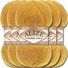 Alize Angora Gold Turcijas augstākās kvalitātes vilna no dabīgās vilnas un akrila, 5 x 100 g, vienkārša adāmadatas dzija, adāmadatas dzija, vienkārša bērnu vilna, tamborēšanai, šalles adīšanai (safrāns 2)