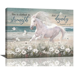 White Horse Canvas Wall Art Inspirational Horse Wall Decor Flower Shelled Horse Pictures Paintings Prints Framed Artwork Decor guļamistabai Vannas istaba Dzīvojamā istaba 12x16 collu