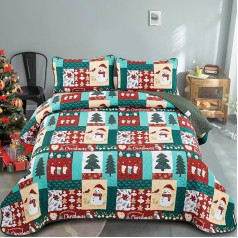 WONGS BEDDING Ziemassvētku gultas pārklājs 240 x 260 cm Ziemassvētku eglītes Gulta Throw Patchwork Sniegavīrs Ziemassvētku sega guļamistabai ar 2 spilvendrānām 50 x 75 cm