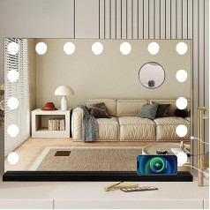 MEKKLEON Hollywood Mirror with Lighting, Makeup Mirror with 3 Colour Modes, Illuminated Cosmetic Mirror with Dimmable LED Lights and 10x Magnification for Desk (Black, 58 x 46 cm, 15LED)