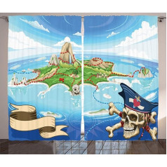 ABAKUHAUS Cartoon Rustic Pirate Island Skull guļamistabas aizkars ar cilpām un āķiem, 280 x 225 cm, zaļš Aqua