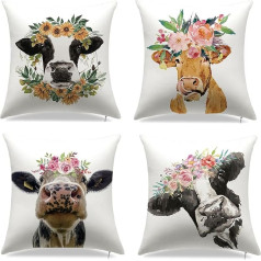 YCHZ Govs spilvenu pārvalki 18x18 collu dzīvnieku komplekts 4 akvareļu dekoratīvie spilvenu pārvalki Square Linen Farmhouse Home Decor Couch Bedroom (Cow)