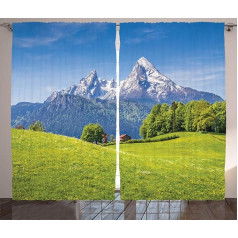 ABAKUHAUS Berg Rustic Alpi ar pļavas floru, guļamistabas aizkars ar cilpām un āķiem, 280 x 245 cm, zaļi zils