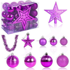 VEYLIN Ziemassvētku eglīšu rotājumi Komplekts no 40 violetiem Ziemassvētku Baubles Hanging Ball Tinsel Garland Star Tree Topper Ornaments