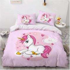 TULTOAP Vienradzis Gultas veļa 135 x 200 cm Rozā meiteņu gultas veļas komplekts Cute Cartoon Rainbow Unicorn Motif Segas pārvalks ar spilvendrānu (C)