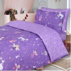 Divine Textiles - bērnu 100% kokvilnas divpusējs sega pārklājs ar spilvendrānu pārvalkiem un atbilstošu pārklāju Unicorn Violeta krāsa