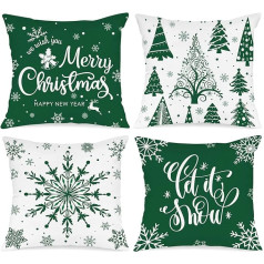 Lanpn Pack of 4 White and Green Cushion Covers Ziemassvētku spilvenu pārvalks 45 x 45 cm, ziemas sniegpārslas Dekoratīvie Ziemassvētku spilveni Ziemassvētku dekorēšanai Ziemassvētku gultas veļa dīvāna rotājumi (zaļš)