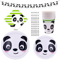 MaitianGuyou Panda Party Supplies Panda vienreizlietojamo trauku komplekts 16 viesiem ietver šķīvjus, tasītes, salvetes, salmiņus, salmiņus, Banner galdautu bērniem, bērnu ballītei, dzimšanas dienas dekorēšanai