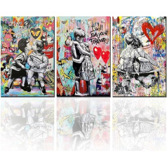 Tucocoo Mākslas darbi mājas sienām Banksy Graffiti Pictures Little Boys Girls 3 Pack Canvas Colorful Pop Art Modern Art Modern Art Work Home Decor for Living Room Wooden Frame Ready to Hang