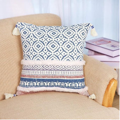 LIGICKY spilvena pārvalks Boho Tufted Dekoratīvie spilvenu pārvalki Tufted Tassel Soft Cotton Cushion Cover for Sofa Couch Bedroom Living Room Office Car (18 x 18 collas, Blue)