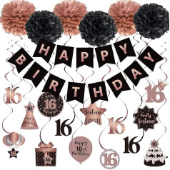 SZHUIHER Happy 16th Birthday Hanging Swirl Streamers Decoration, Happy Birthday Banner ar zīda bumbuļiem, Rose Gold un Black, 16 gadus veca dzimšanas dienas ballīte, karājas fona rotājumi