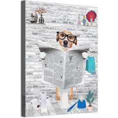 MKHFUW Funny Bathroom Wall Art, Funny Animals Reading Newspapers in the Toilet Canvas Poster for Toilet Bathroom Animals Artwork, Frameless (Dog,50x70cm)