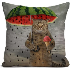 Tomda Funny Animal Cat Cushion Cover, Cute Cat Holding Umbrella in Paw and Fruit Ice Cream in Another Decorative Cushion Cover, kokvilnas lina spilvena pārvalks,