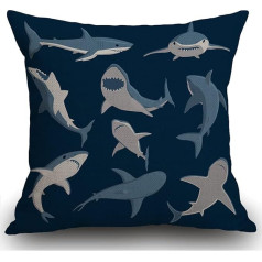 Smooffly Blue Cartoon Shark Print Cushion Cover Āra mēbeles Dekoratīvie lina kvadrātveida abpusējas drukāšanas spilvenu pārvalks mājas birojam dīvāns dīvāns auto dārzs 45x45cm 45x45cm 45x45cm