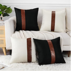 JOTOM Lina lina mākslīgās ādas Patchwork spilvenu pārvalki 50 x 50 cm svītrains Patchwork Modern Farmhouse Decor Square Cushion Covers for Outdoor Couch Decoration Set of 4 (Black/Cream White)