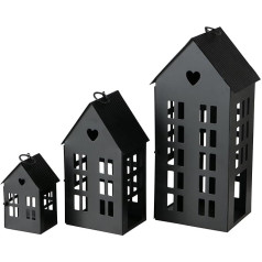 WHOLE HOUSE WORLDS Main Street Townhouse sveču laternu komplekts 3 Vintage stila sirds detaļas Rustic Black Metal Wavy Gable Roofs 13,5