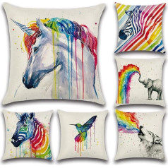 Soleebee 6 gabali Poliesters lina spilvenu pārvalks Dekoratīvais pārvalks istabai Gultas automašīnai Mājas dīvānam 45 x 45 cm (Rainbow Animals)