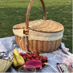 Garneck Picnic Basket with Lid Shopping Basket Braided Mushroom Basket Fruit Basket Bread Basket Rattan Basket Wicker Basket with Handle Braided Basket Flowers Basket for Outdoor Picnic 35 cm