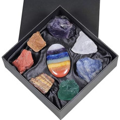 mookaitedecor 7 Chakra Thumb Palm Stone Raw Crystal Set, ovāls pulēts soma Worry Stone Neregulārais neapstrādāts kristāla akmens trauksmes dziedināšanas Reiki līdzsvarošanas meditācijas dekorēšanai