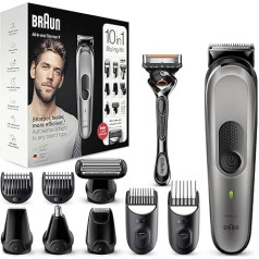 Braun Multi-Grooming Kit 7 MGK7320 10-in-1 bārdas un matu trimmeris, vīriešu trimeris, matu trimmeris sejas, galvas, ķermeņa, ausu un deguna apmatojumam, 8 uzgaļi, melns / sudraba krāsā