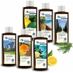 Spitzner Pirts uzlējumu komplekts Adventure Travel (6 x 190 ml) - Wellness pirts uzlējumi Alpu garšaugi, anīsa apelsīns, citrusaugļu piparmētra, citrusaugļu, ananāsu kokosrieksts, ciprese rozmarīns