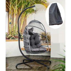 MOJIA Hängesessel mit Gestell Polyrattan mit Kissen & Abdeckhaube, Hängesessel Outdoor&Indoor Faltbarer Hängestuhl Belastbar bis 190 kg (Grau)