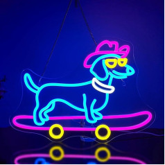 Looklight Skateboard Dog Neon Sign Dachshund Neon Signs LED zīmes Dimmable Switch Cute Puppy with Cowboy Hat Neon Light Signs for Bedroom Pet Store Gifts for Dog Lovers