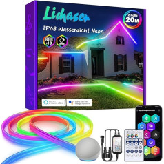 Lichaser 20 m RGB+IC neona LED sloksne ārā WiFi, IP68 ūdensizturīga DIY elastīga neona LED sloksne ar Alexa, 24 V LED sloksne ārā, silikona sinhronizācija ar mūziku terasei, svinībām, dārzam