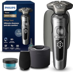 Philips skuveklis S9000 Prestige Electric Wet and Dry Shaver, spilgti hromēts, Lift & Cut skūšanās sistēma, SkinIQ tehnoloģija, precīzs trimmeris, tīrīšanas stacija un ceļojuma futrālis, modelis SP9841/32