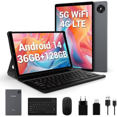 FASTWD planšetdators 10 collu Android 14 planšetdators 5G WiFi 4G LTE, 36GB RAM + 128GB ROM, 8MP + 13MP, FHD1920*1200 incell, 8000mAh, FaceID, planšetdators ar tastatūru, peli, maketu, pildspalvu, pelēks